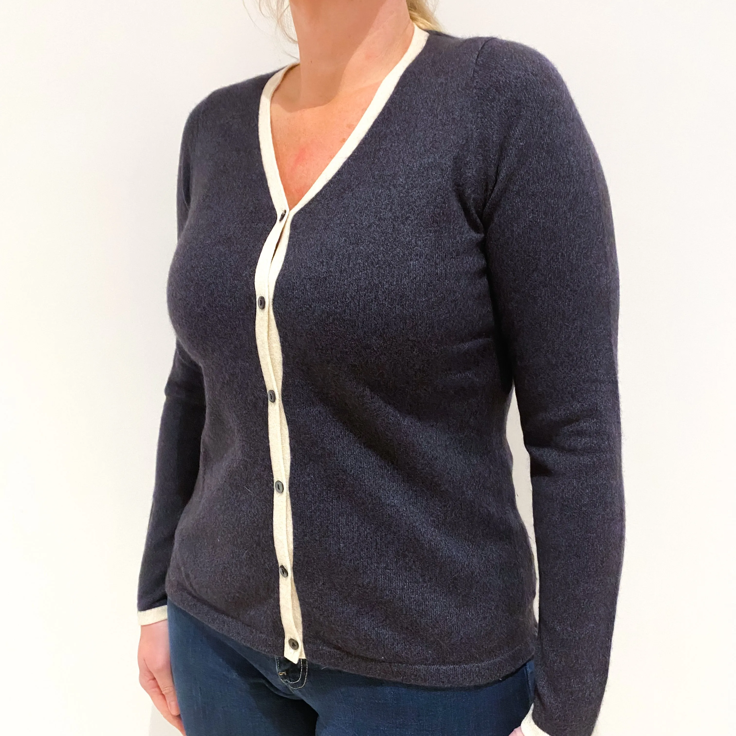 Grey/ Blue Cashmere V- Neck Cardigan Large