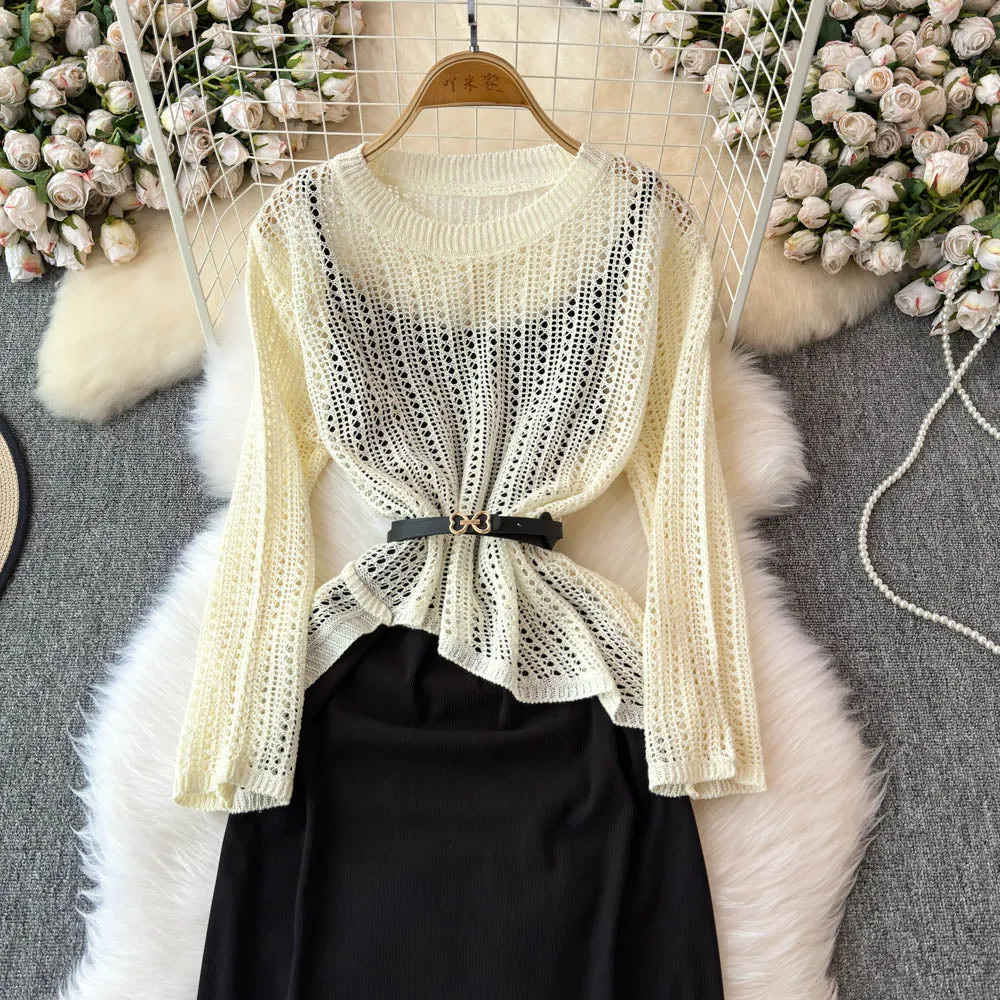 Hollowed Knitwear&Slip Dress 2Pcs