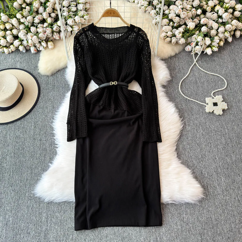 Hollowed Knitwear&Slip Dress 2Pcs