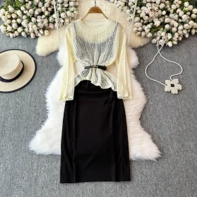 Hollowed Knitwear&Slip Dress 2Pcs