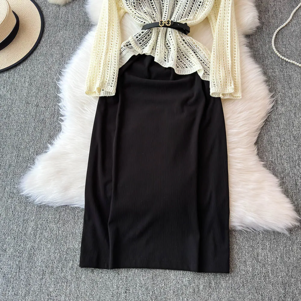 Hollowed Knitwear&Slip Dress 2Pcs