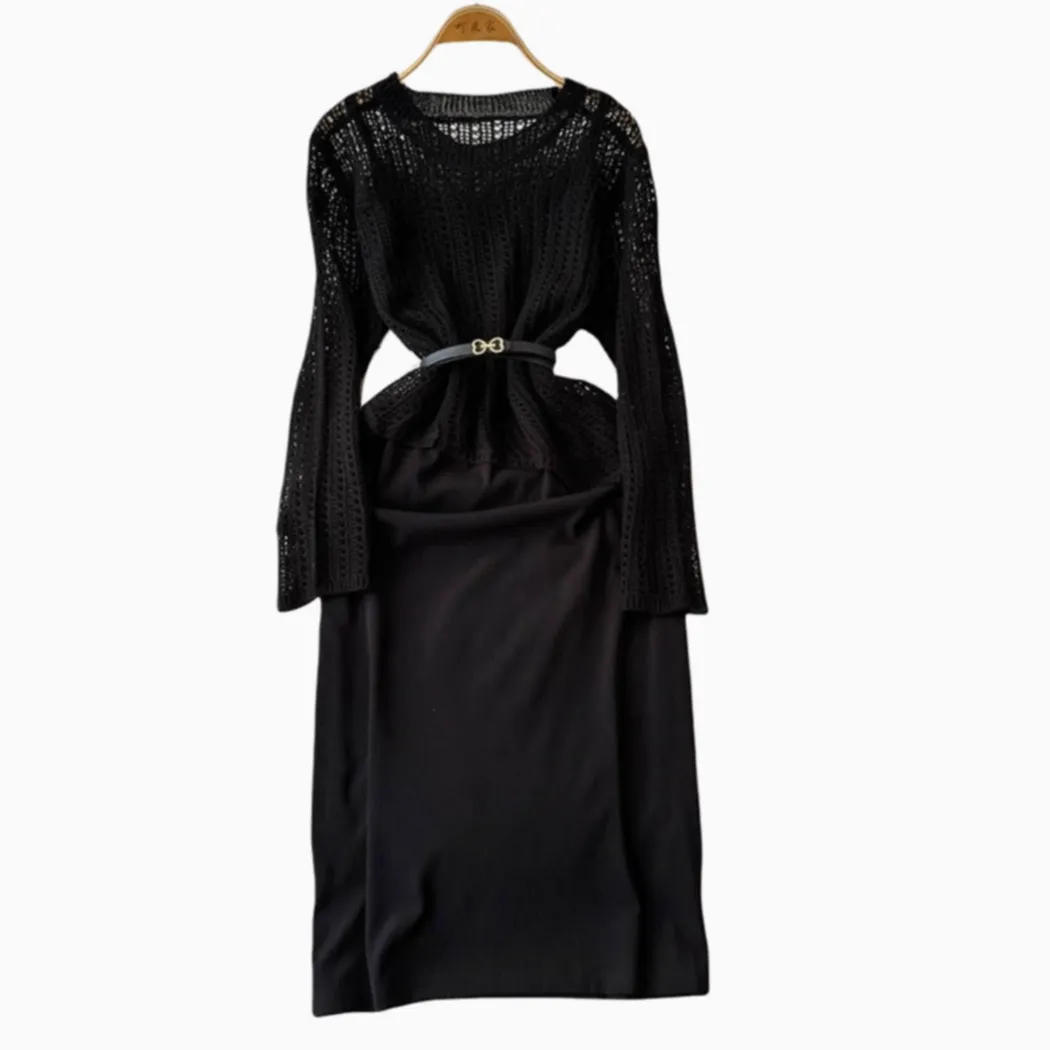 Hollowed Knitwear&Slip Dress 2Pcs