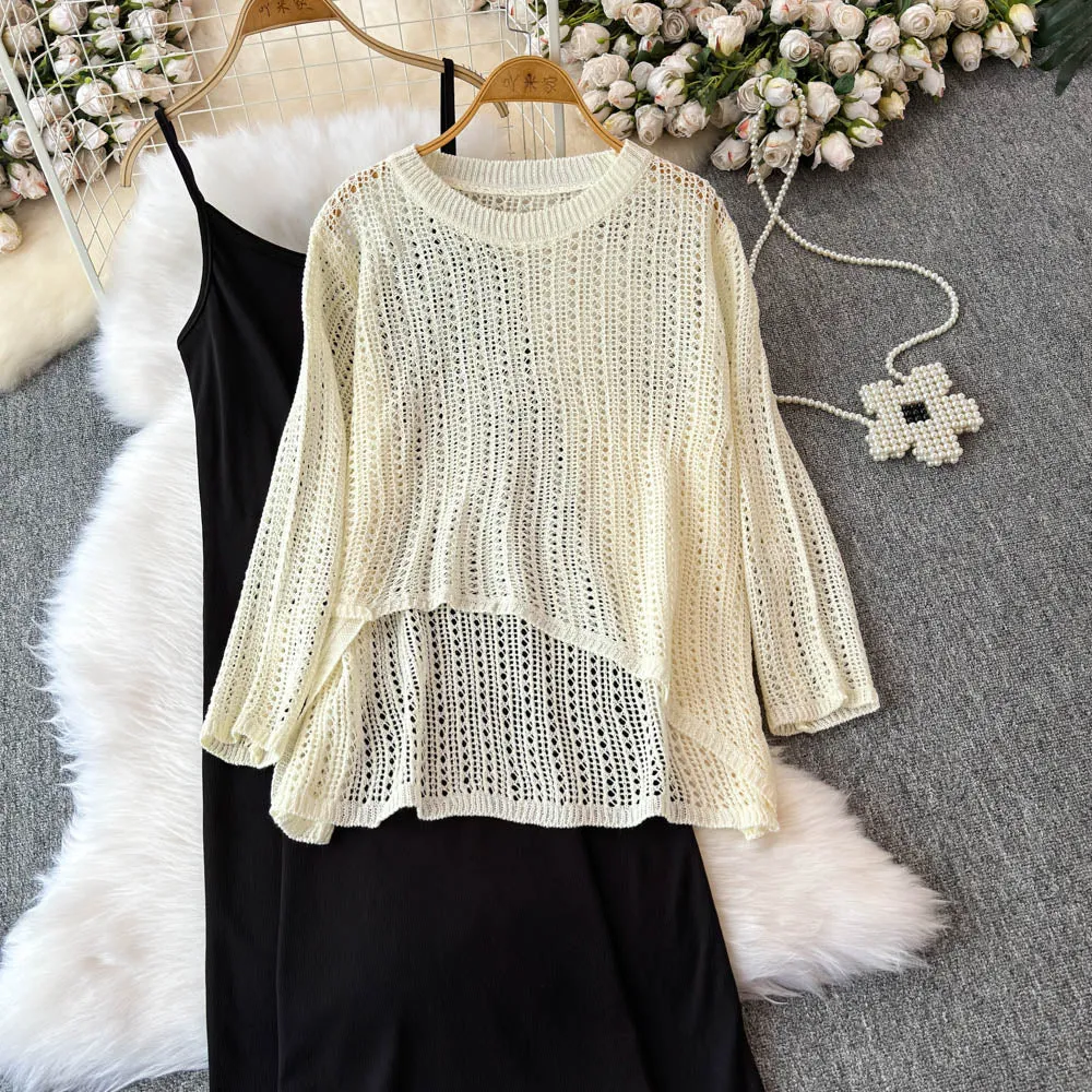 Hollowed Knitwear&Slip Dress 2Pcs