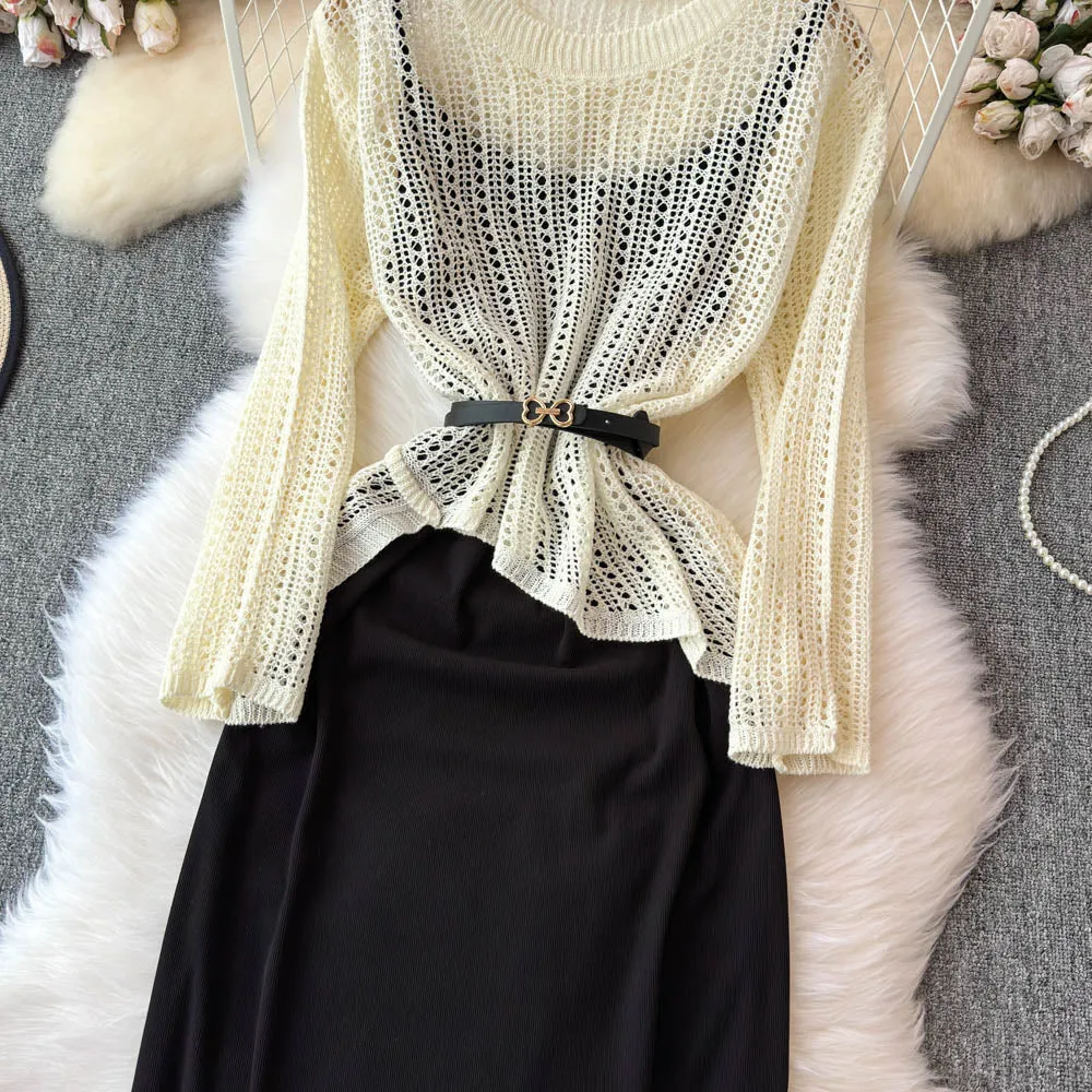 Hollowed Knitwear&Slip Dress 2Pcs