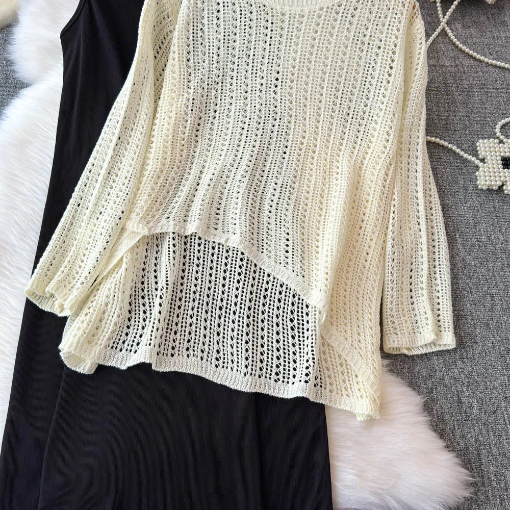 Hollowed Knitwear&Slip Dress 2Pcs