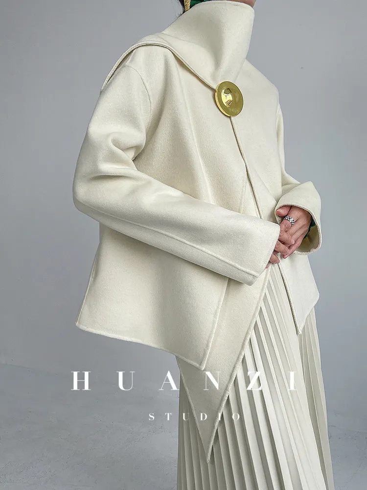 Huanzi wool tweed autumn  winter short cashmere double-sided coat - Talfy