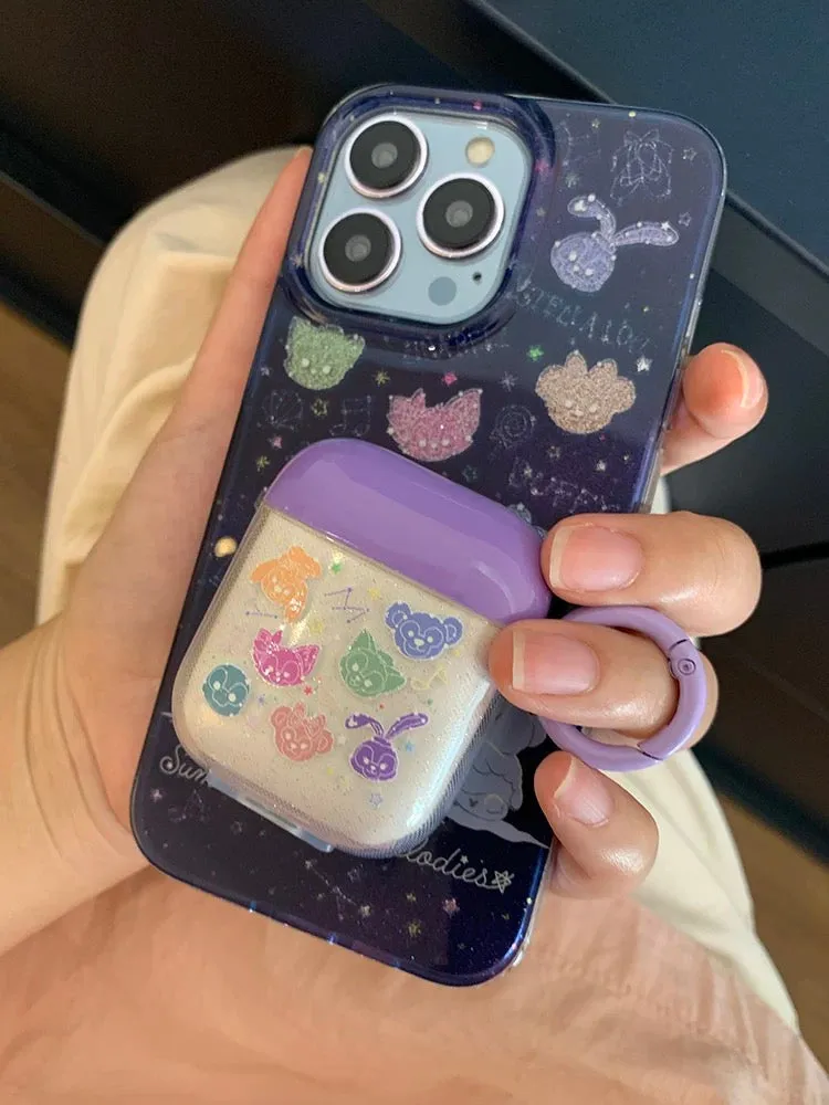 Japanese Cartoon Teddy Bear Starry Summer Night Melodies -  AirPods AirPodsPro AirPods3 Case Purple and White