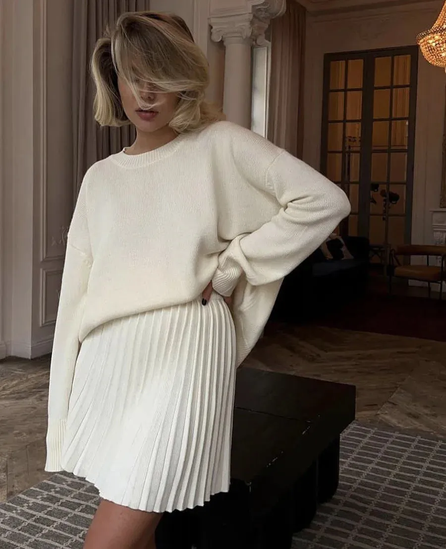 Knit loose fit sweater with matching skirt set
