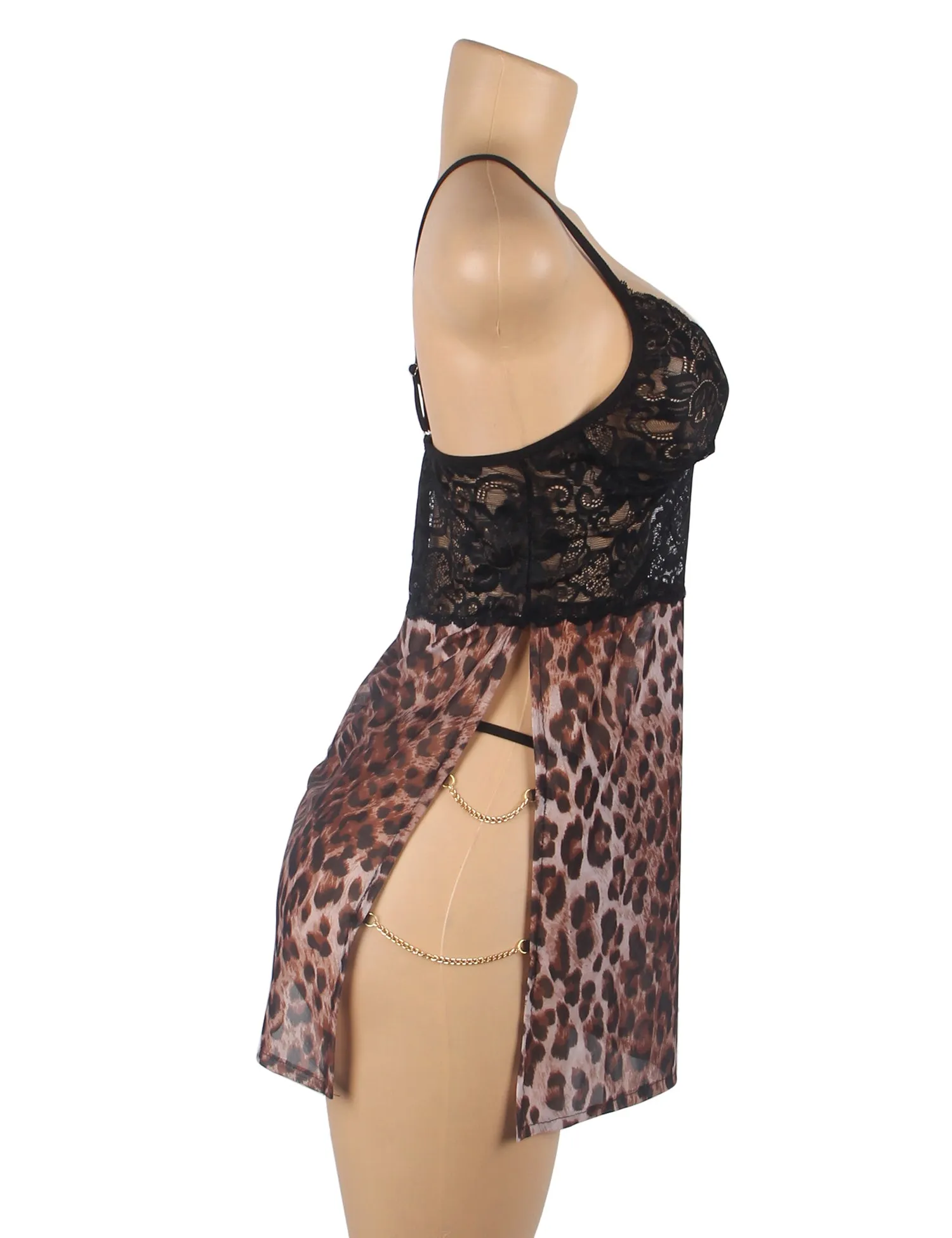 Leopard Print Mesh Lace Side Slit Sexy Lingerie & Chains