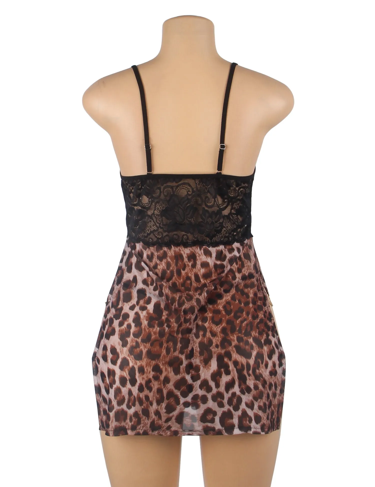 Leopard Print Mesh Lace Side Slit Sexy Lingerie & Chains