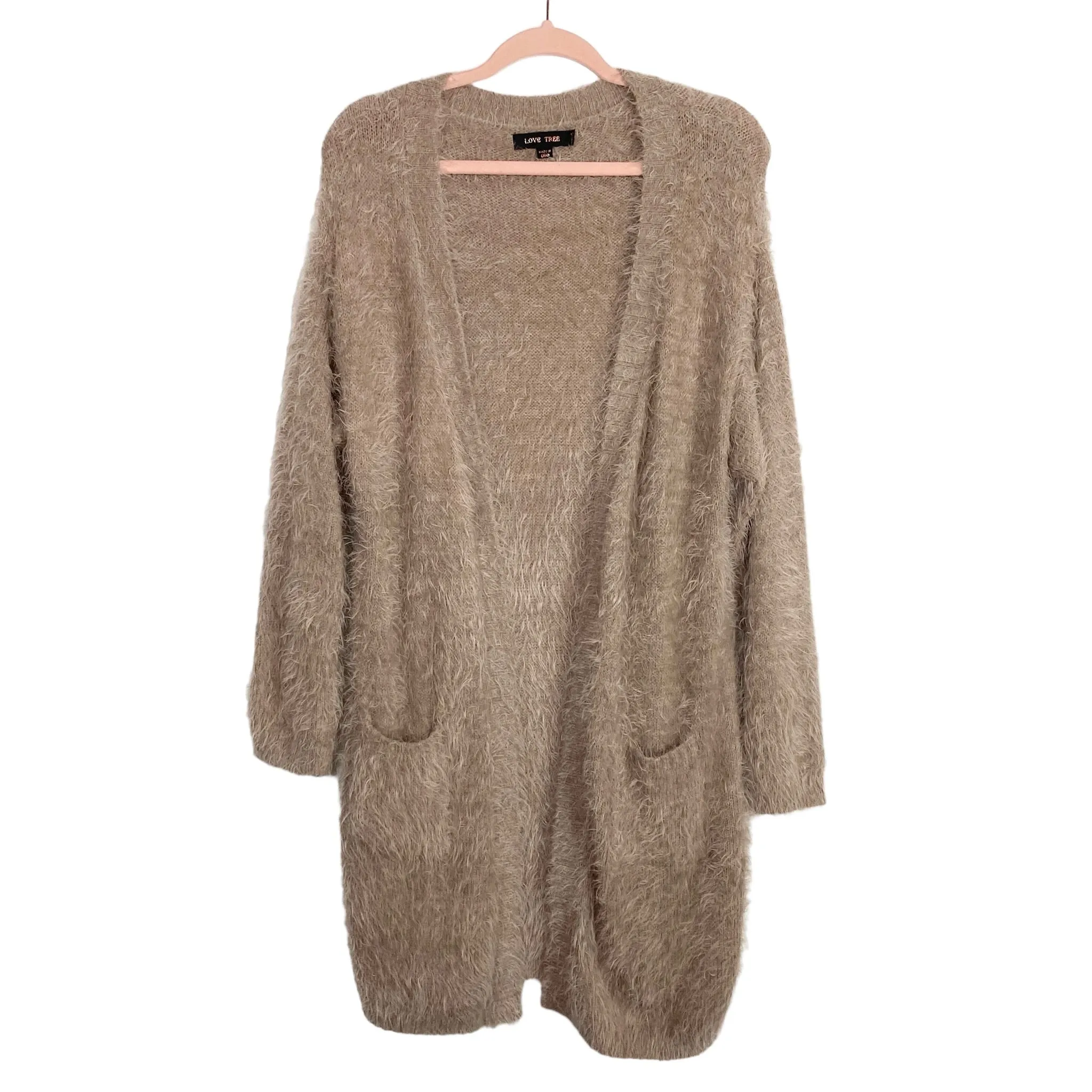 Love Tree Tan Shaggy Front Pocket Cardigan- Size L