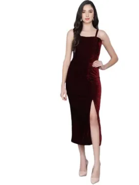 Maroon Velvet Maxi Bodycon Dress Casual Chic