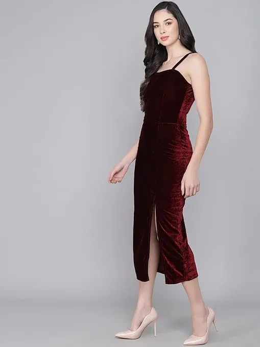 Maroon Velvet Maxi Bodycon Dress Casual Chic