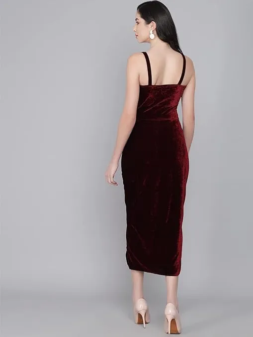 Maroon Velvet Maxi Bodycon Dress Casual Chic
