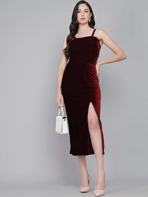Maroon Velvet Maxi Bodycon Dress Casual Chic