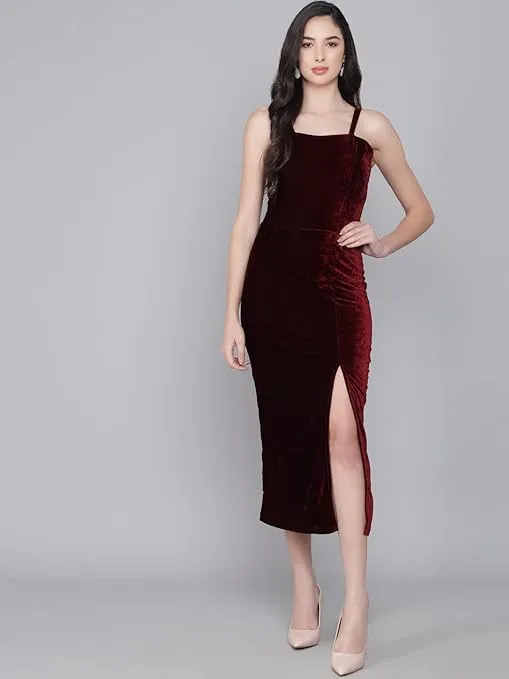 Maroon Velvet Maxi Bodycon Dress Casual Chic