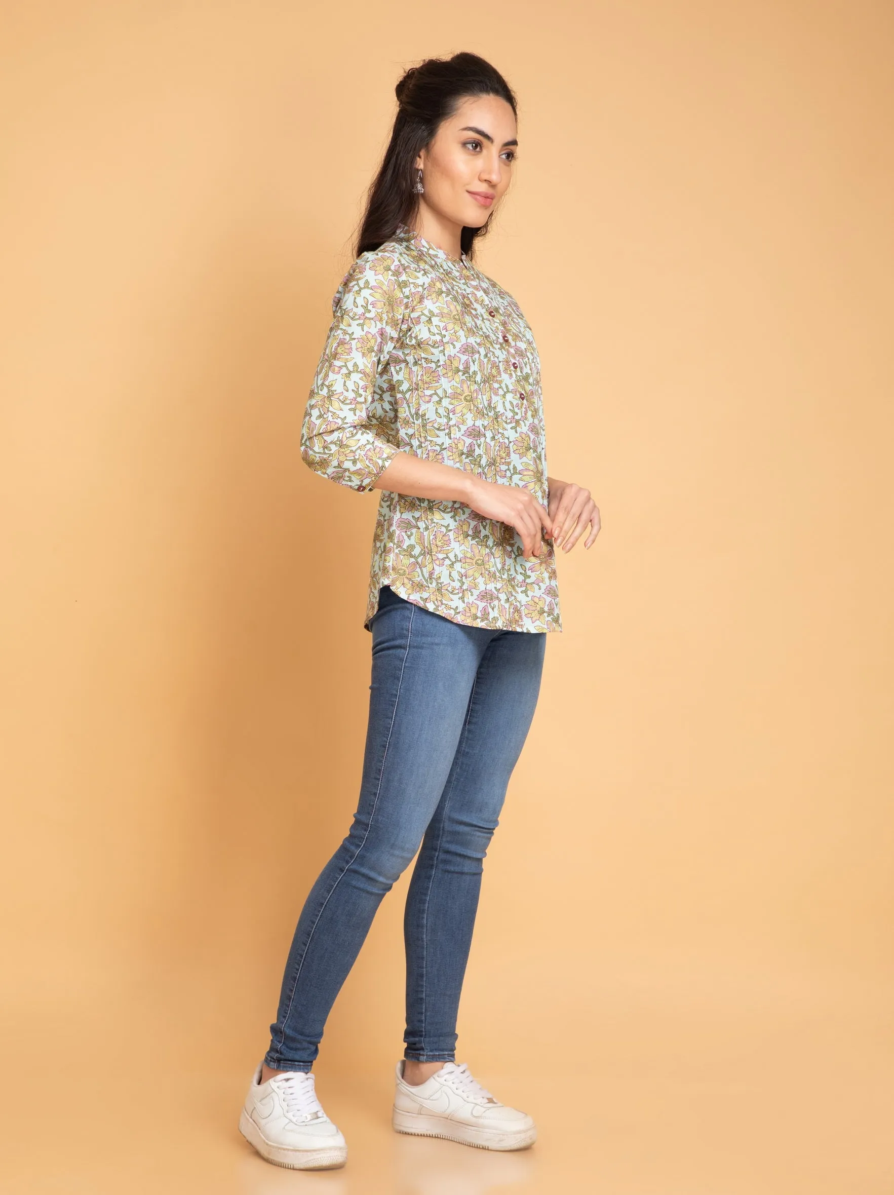 Mul Cotton Floral Printed Short Top with Pintuck Details