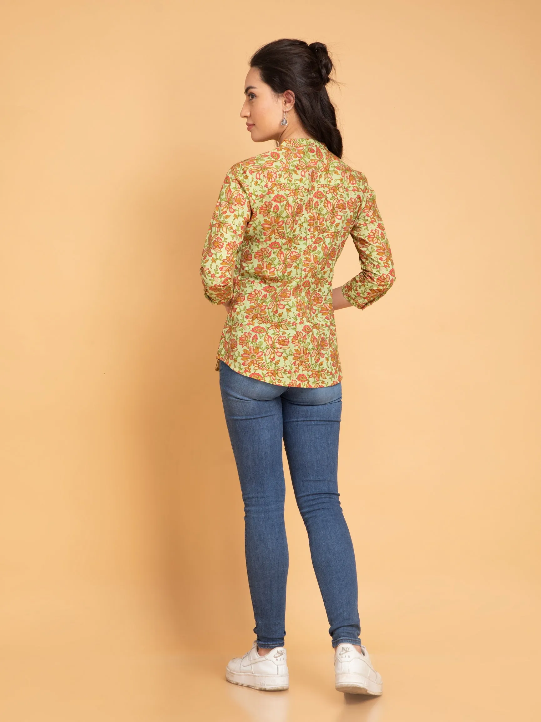 Mul Cotton Floral Printed Short Top with Pintuck Details