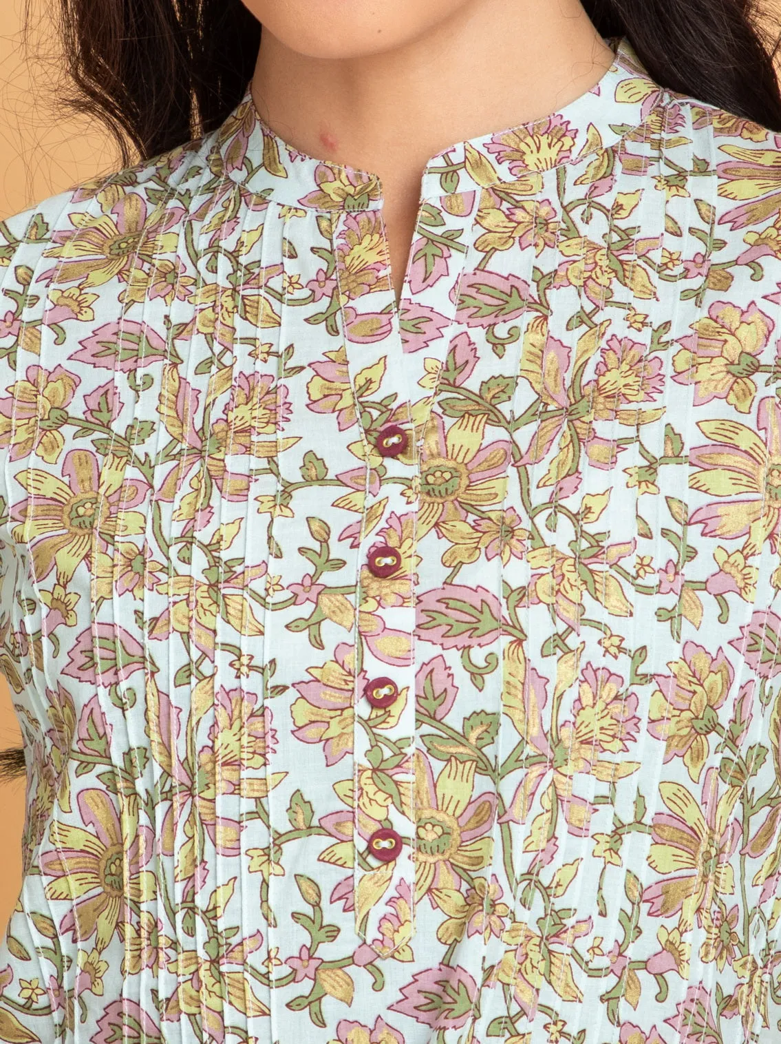 Mul Cotton Floral Printed Short Top with Pintuck Details