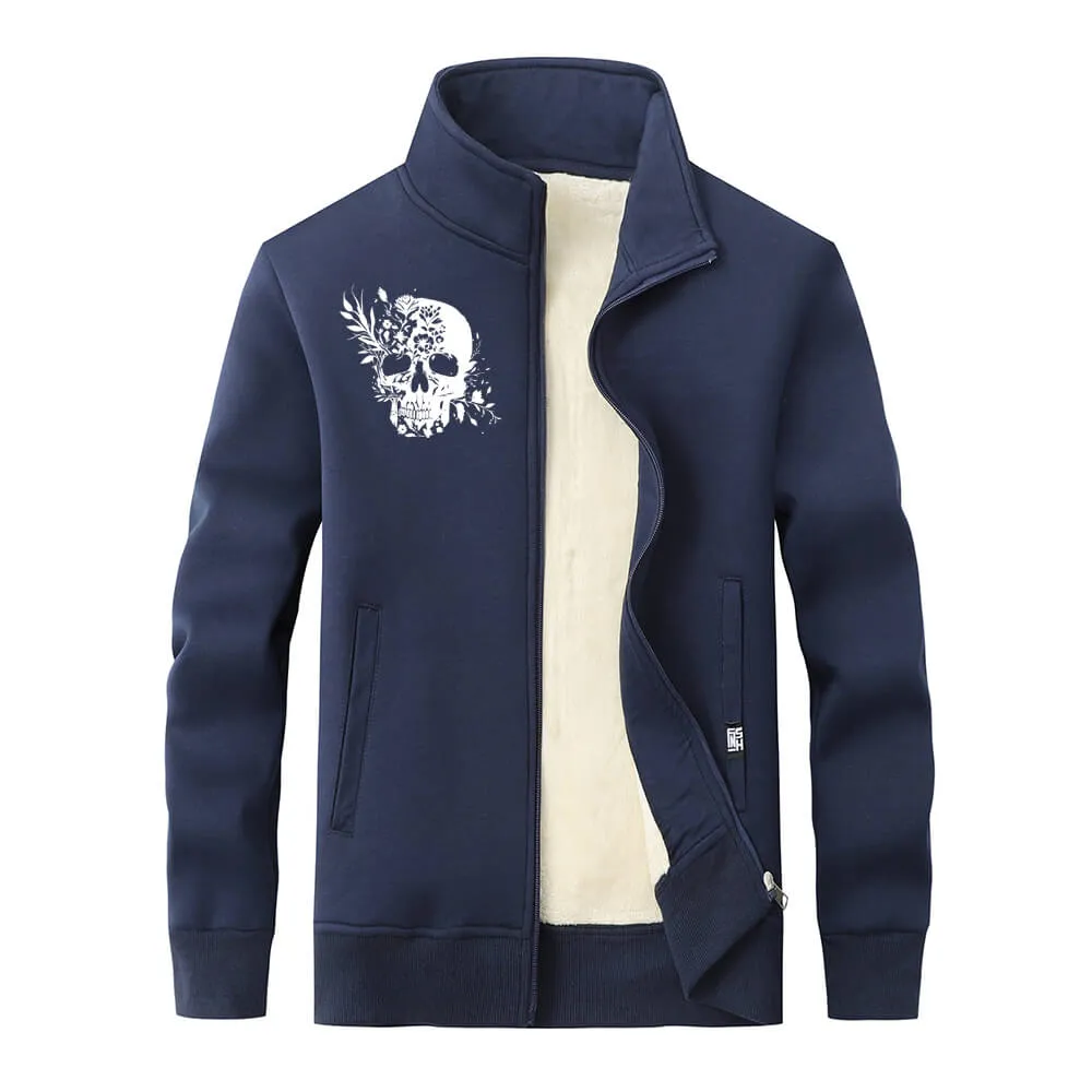 Multicolor Floral Skull Stand Collar Zip Fleece Sherpa Cardigan