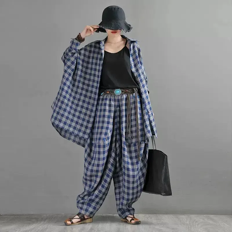 Retro Black and Blue Plaid Linen Cardigan Blouse for Women