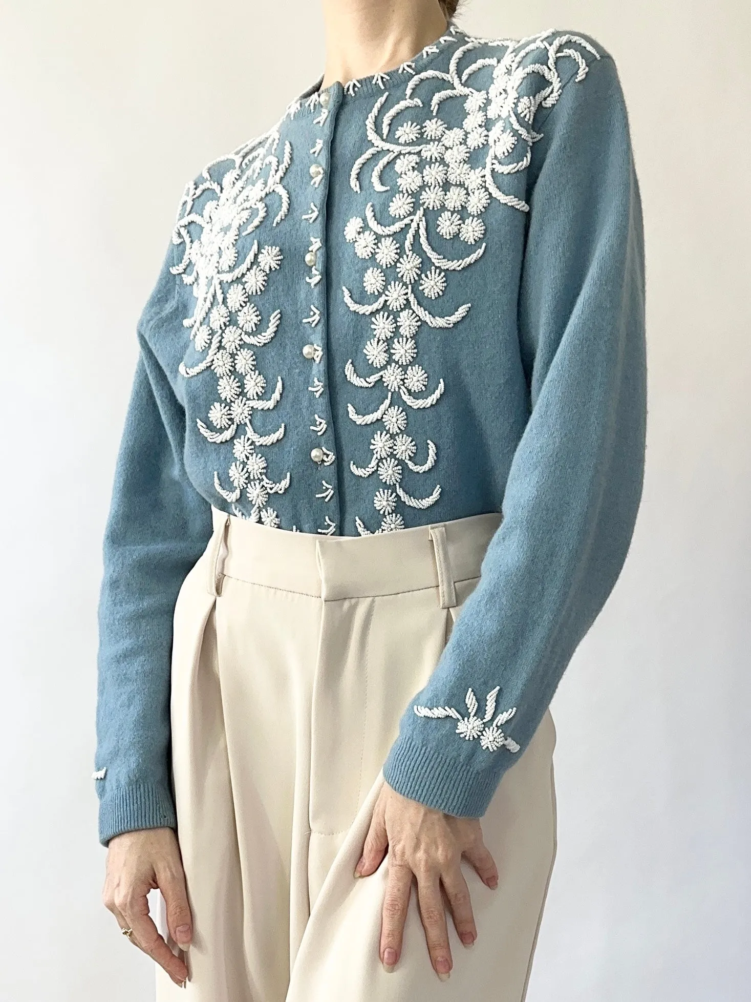Robin Egg Blue 1950s Beaded Cardigan Sweater (S/M)