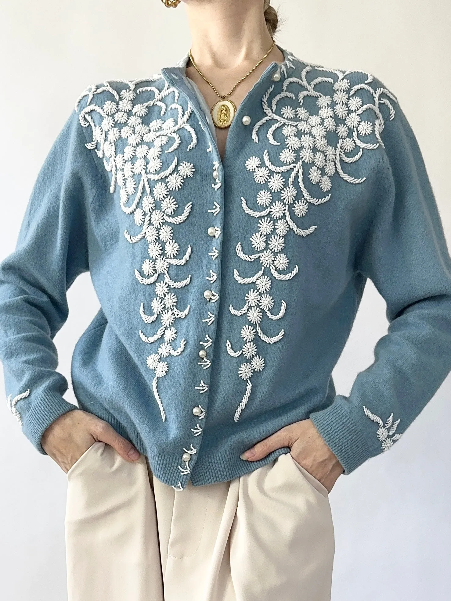 Robin Egg Blue 1950s Beaded Cardigan Sweater (S/M)