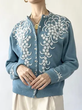 Robin Egg Blue 1950s Beaded Cardigan Sweater (S/M)