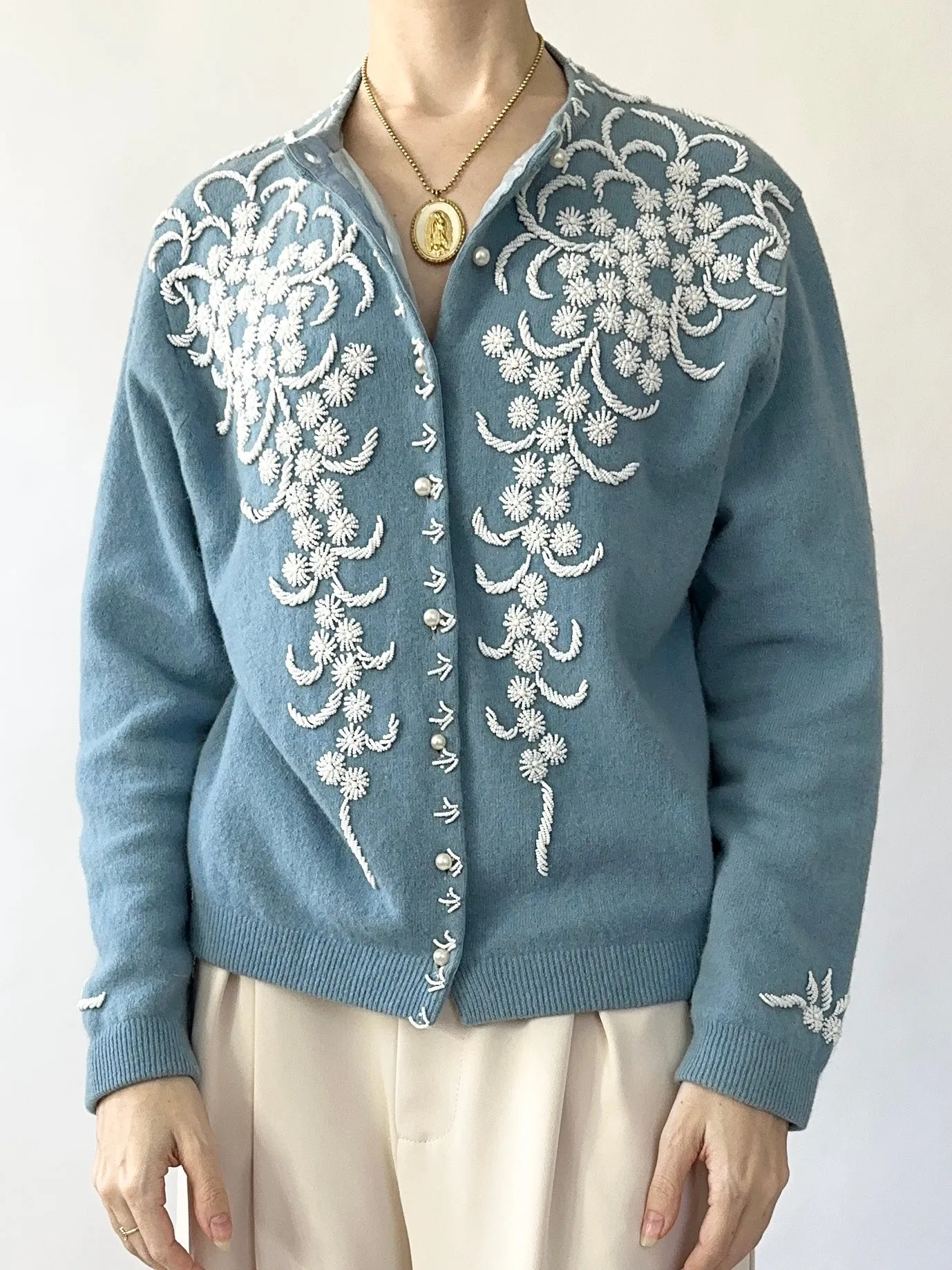 Robin Egg Blue 1950s Beaded Cardigan Sweater (S/M)