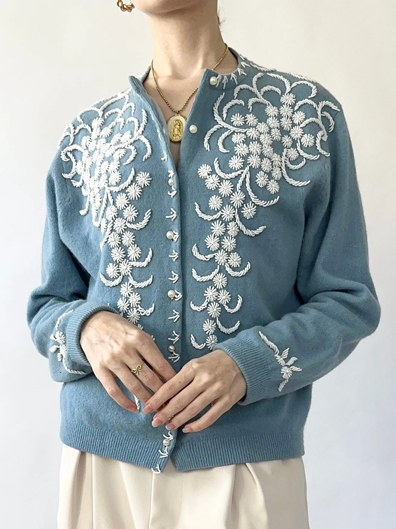 Robin Egg Blue 1950s Beaded Cardigan Sweater (S/M)