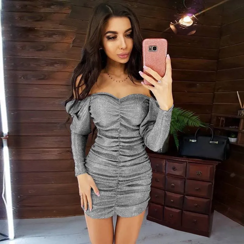 Shining Slash Neck Sequin Long Sleeve Women Mini Dress