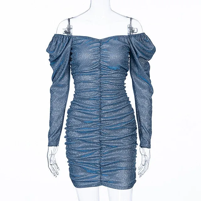 Shining Slash Neck Sequin Long Sleeve Women Mini Dress