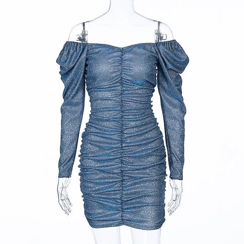 Shining Slash Neck Sequin Long Sleeve Women Mini Dress