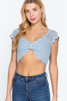 Short Sleeve V-neck Front Knot Detail Sweater Knit Blue Crop Top