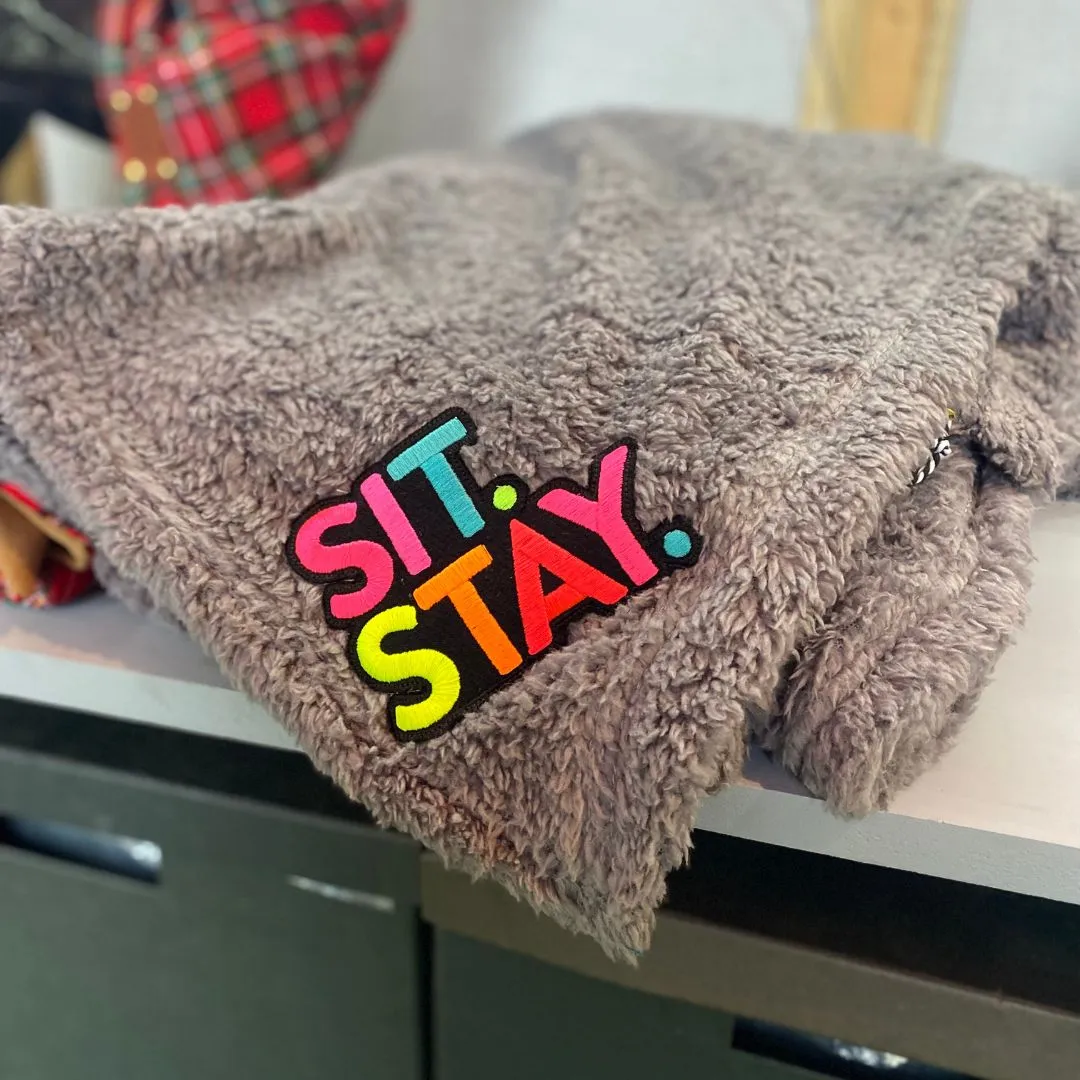 'Sit Stay' Fleece Dog Blanket | Grey with Slogan Embroidery