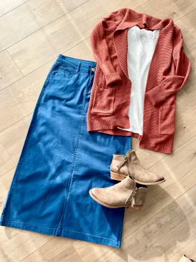 “Skylar” in Teal Coloured Twill Long Skirt
