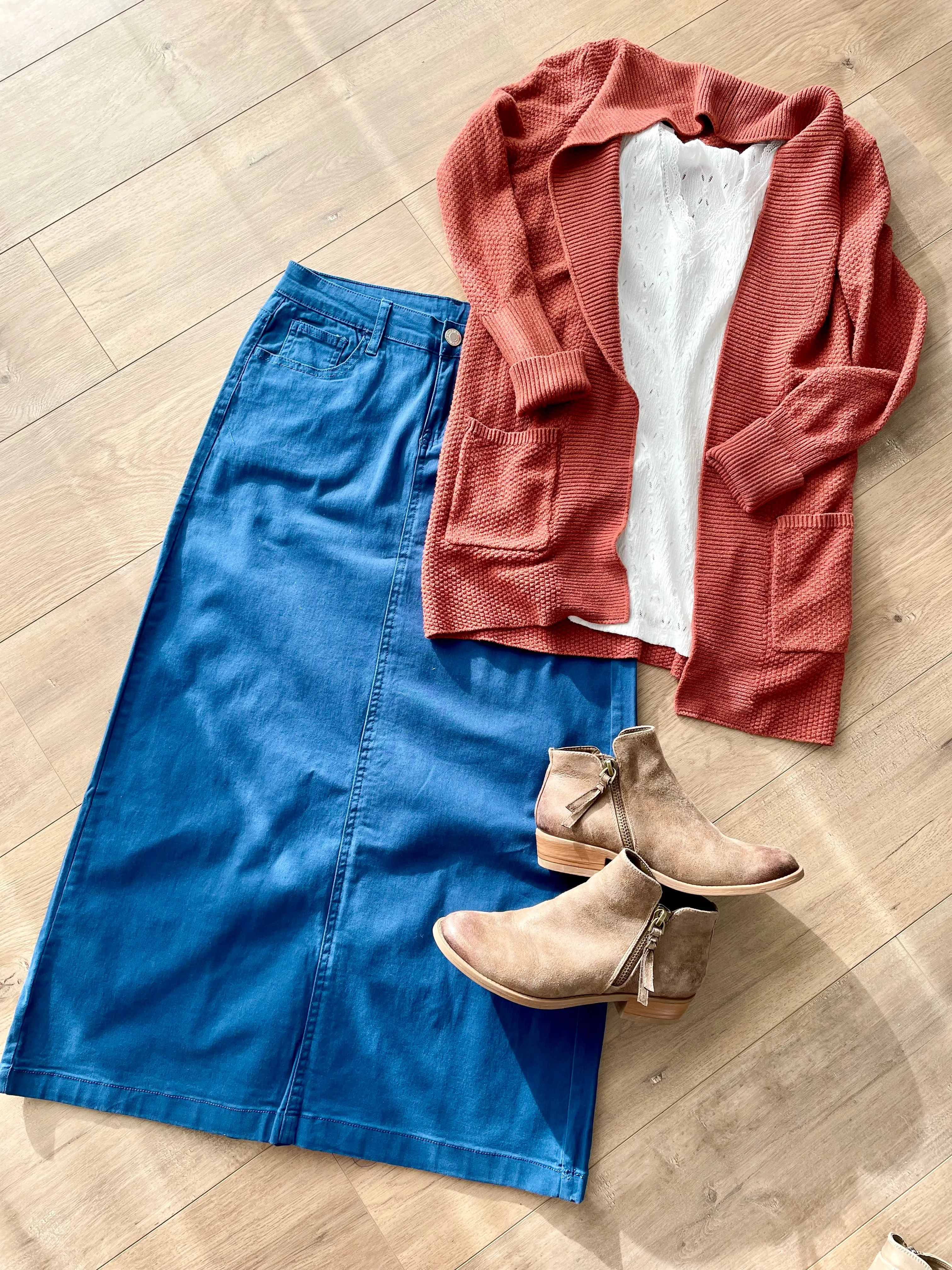 “Skylar” in Teal Coloured Twill Long Skirt