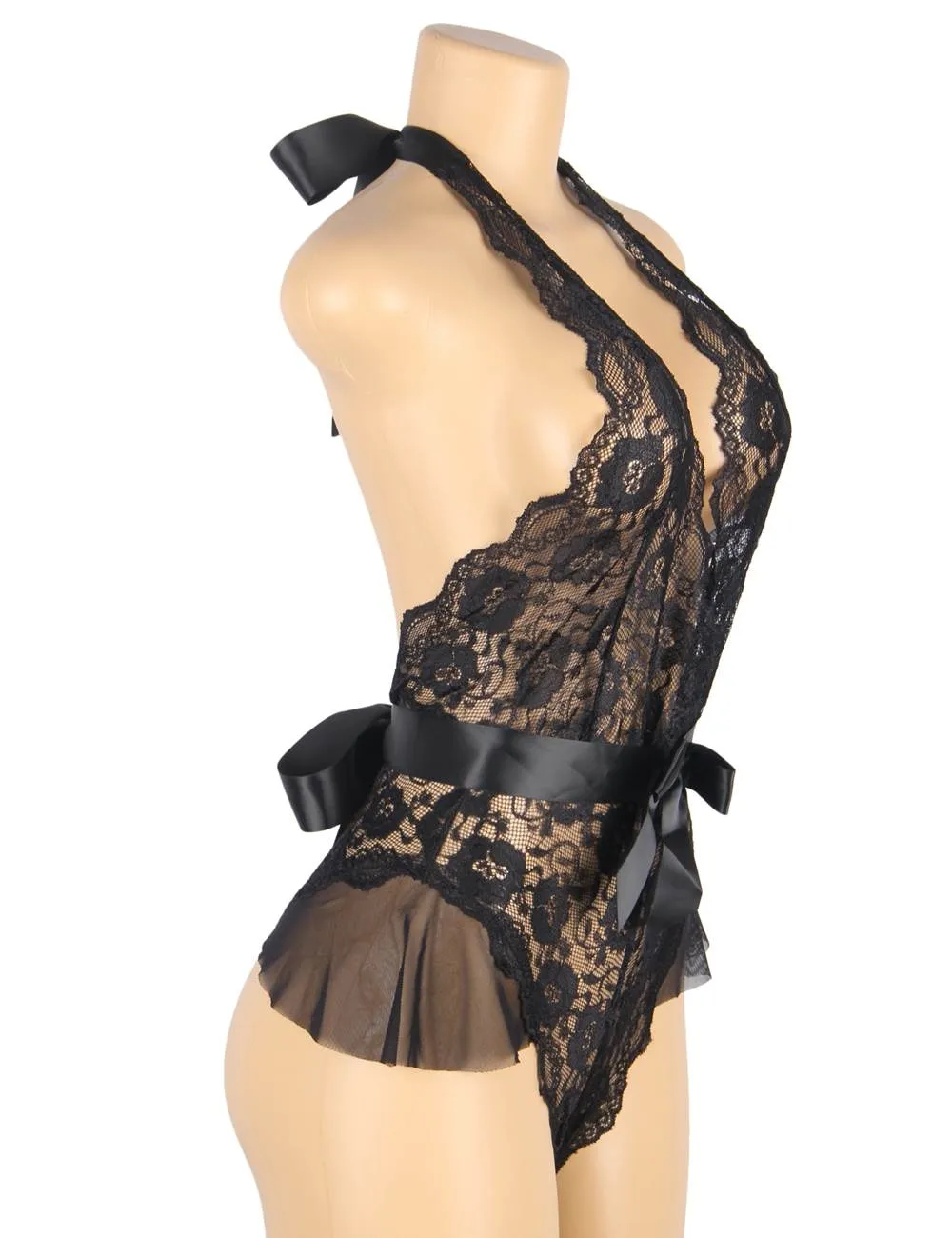 Stylish Halter Lace Teddy with Belt