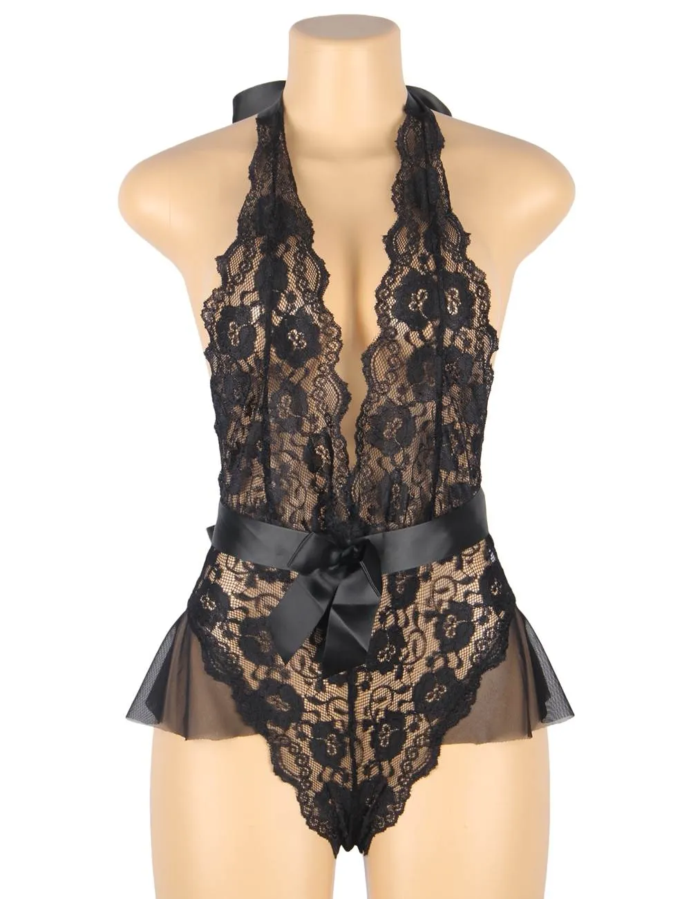 Stylish Halter Lace Teddy with Belt