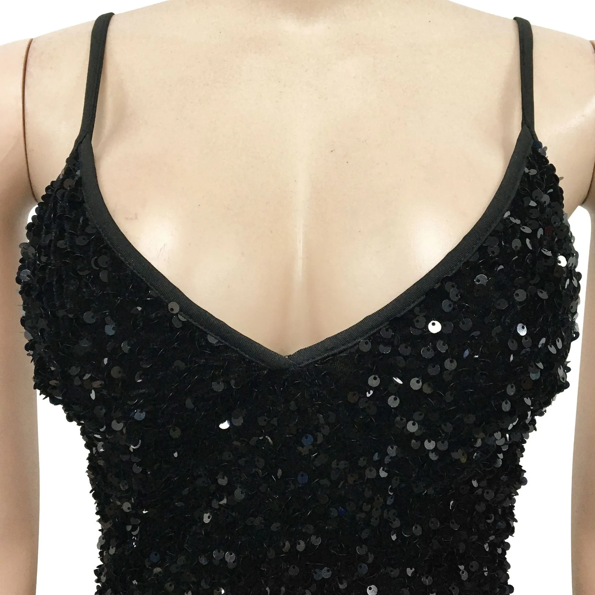 Sultry Sequin-Embellished V-Neck Midi Slip Sparkly Dress in Solid Color