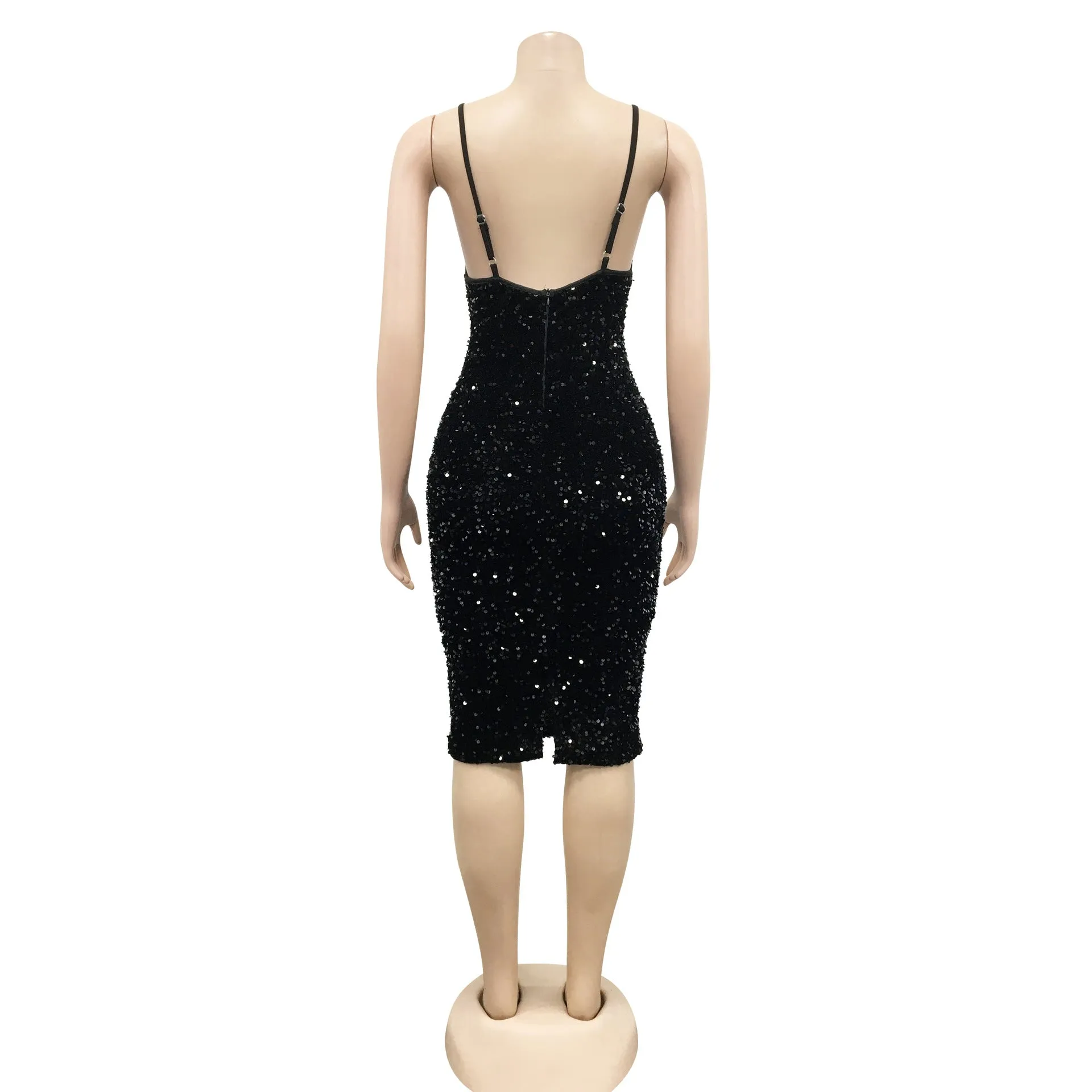 Sultry Sequin-Embellished V-Neck Midi Slip Sparkly Dress in Solid Color