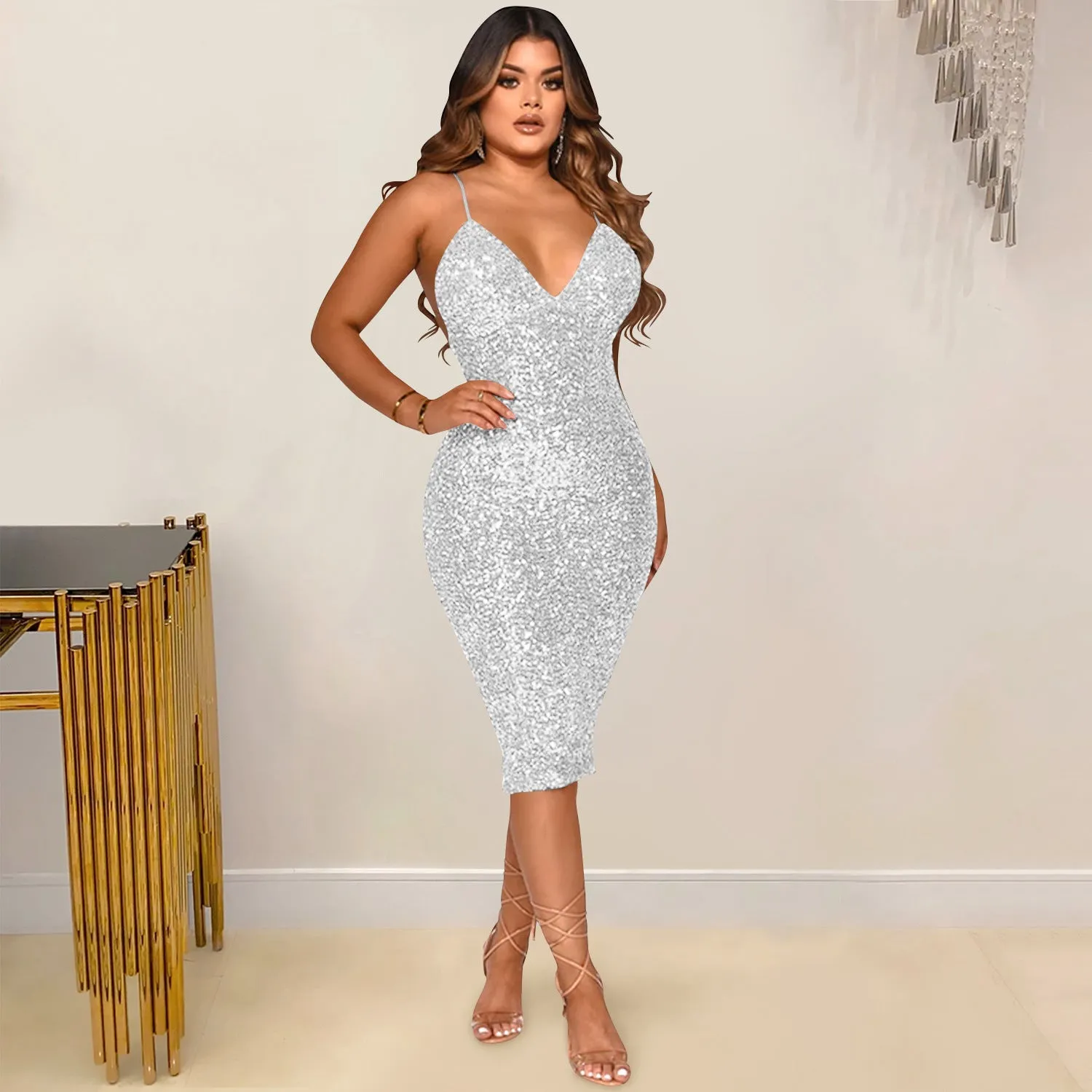 Sultry Sequin-Embellished V-Neck Midi Slip Sparkly Dress in Solid Color