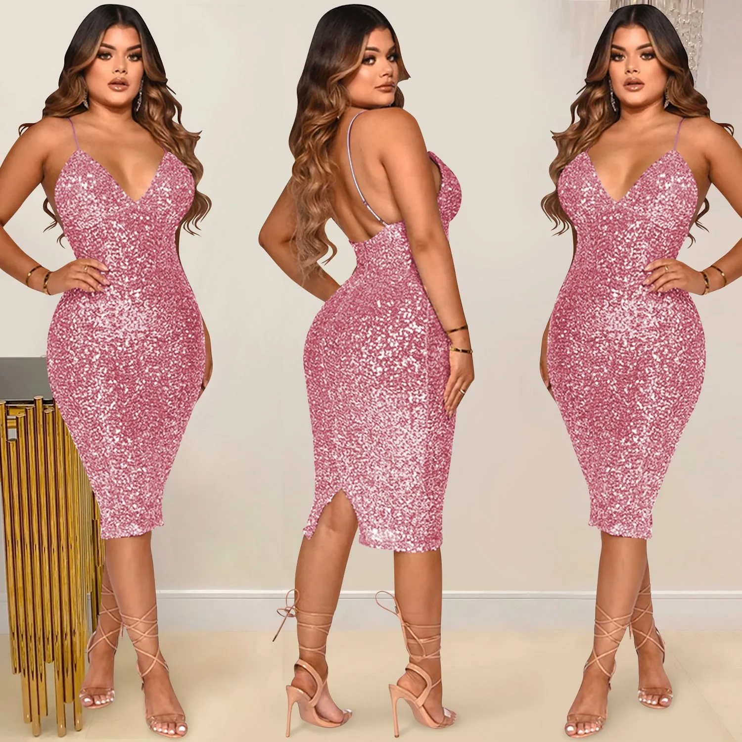 Sultry Sequin-Embellished V-Neck Midi Slip Sparkly Dress in Solid Color