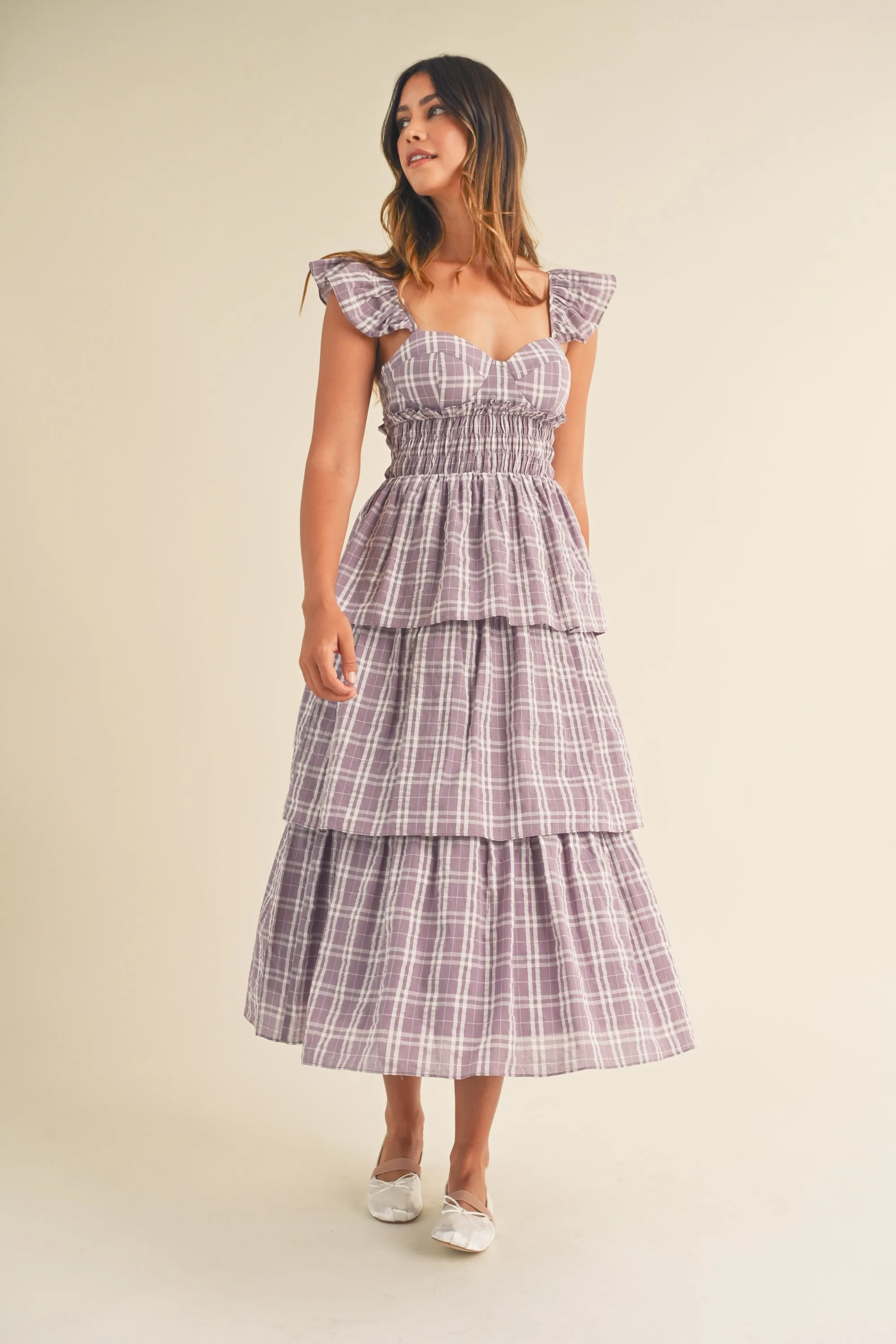 Sweetheart Tiered Plaid Midi Dress