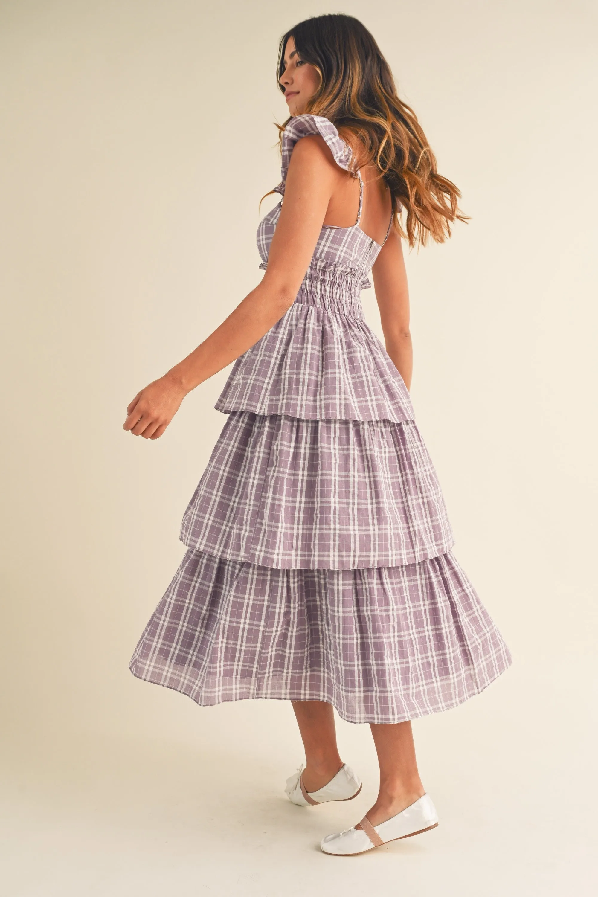 Sweetheart Tiered Plaid Midi Dress
