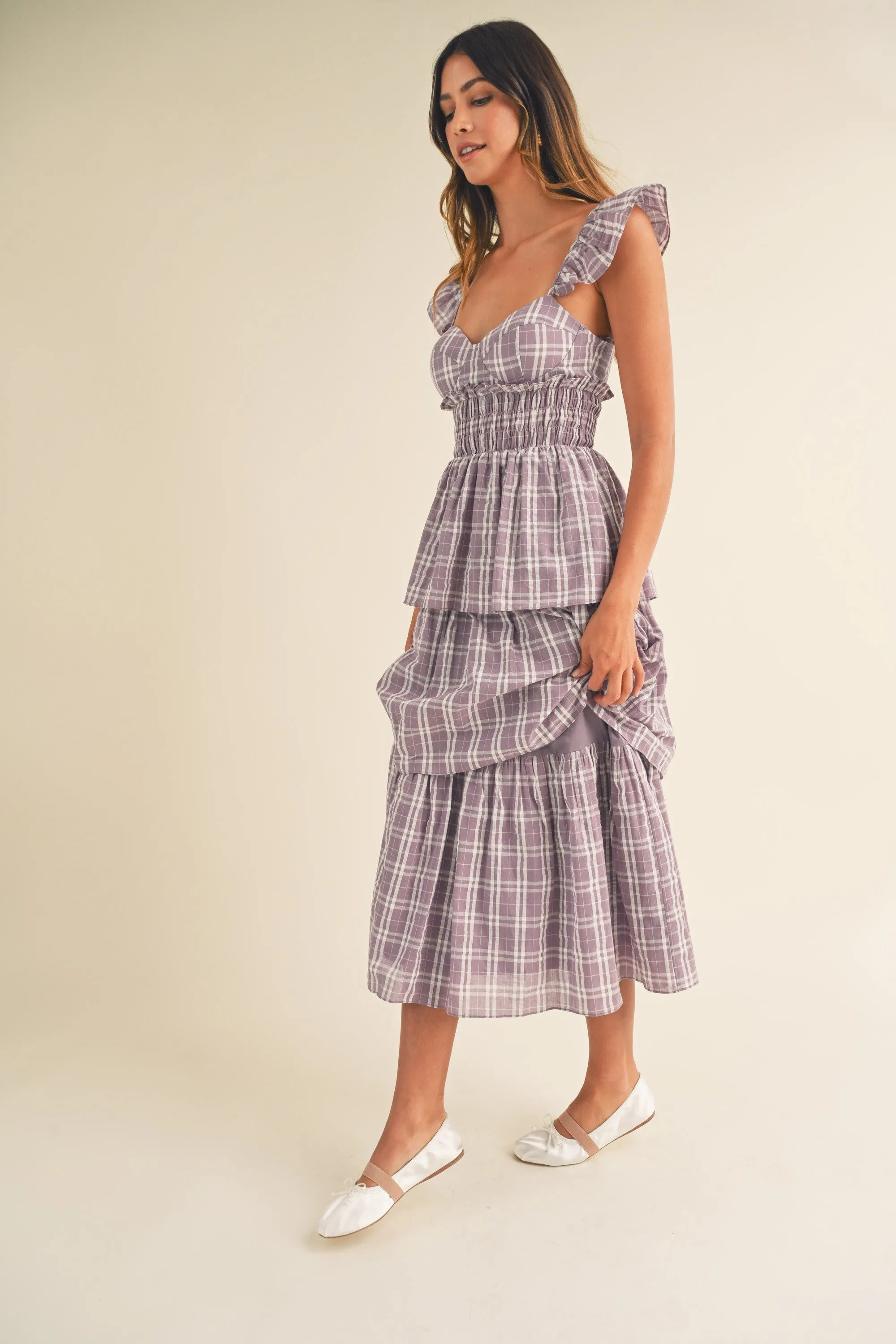 Sweetheart Tiered Plaid Midi Dress