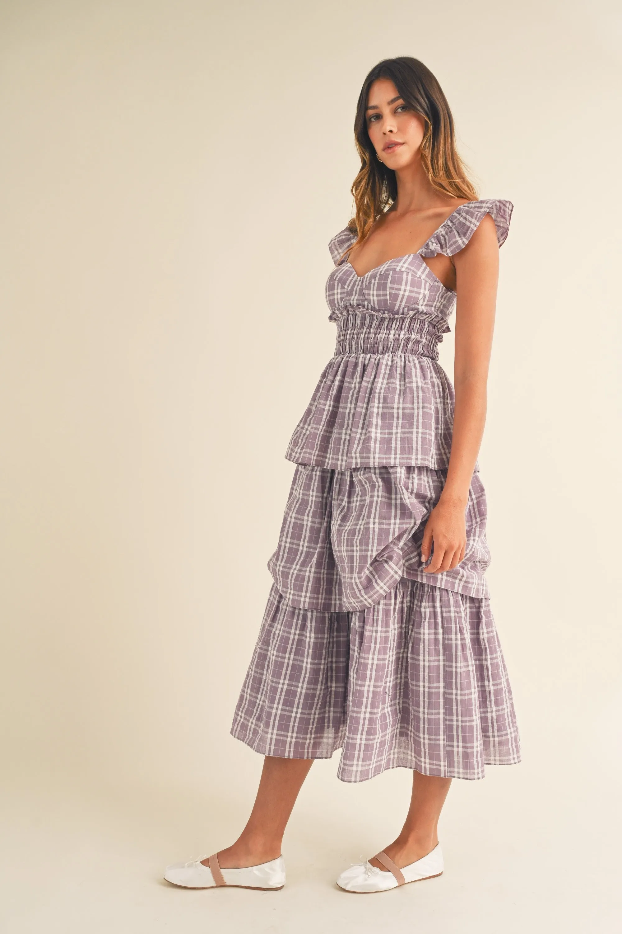 Sweetheart Tiered Plaid Midi Dress