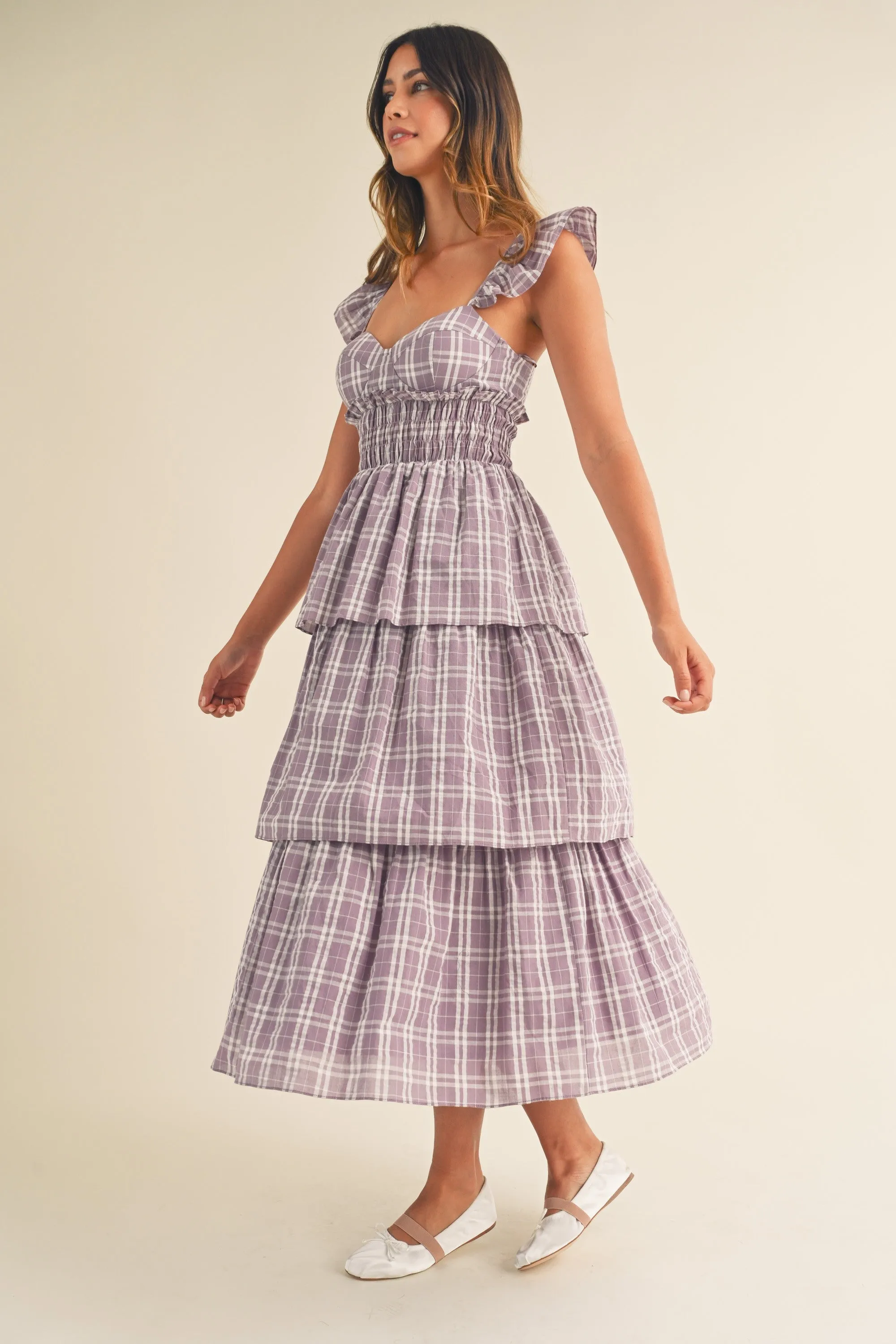 Sweetheart Tiered Plaid Midi Dress