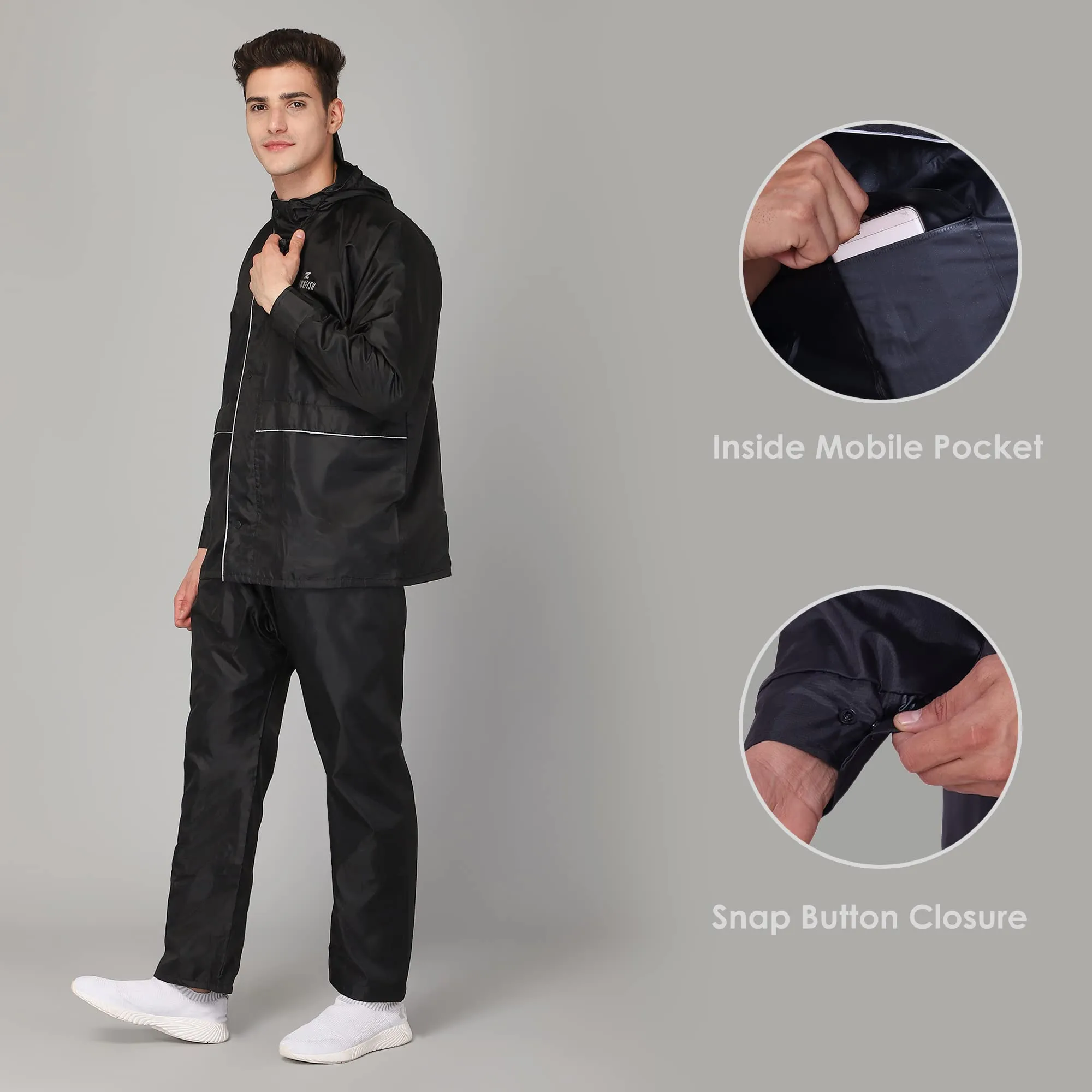 THE CLOWNFISH Polyester Sky One Rain Coat For Men Reversible Waterproof For Bike Double Layer With Hood And Reflector Logo At Back For Night Travelling Deluxe Pro Series (Deluxe Black, Xxl)