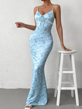 Tie Front V-Neck Lace Spliced Floral Print Mermaid Dress